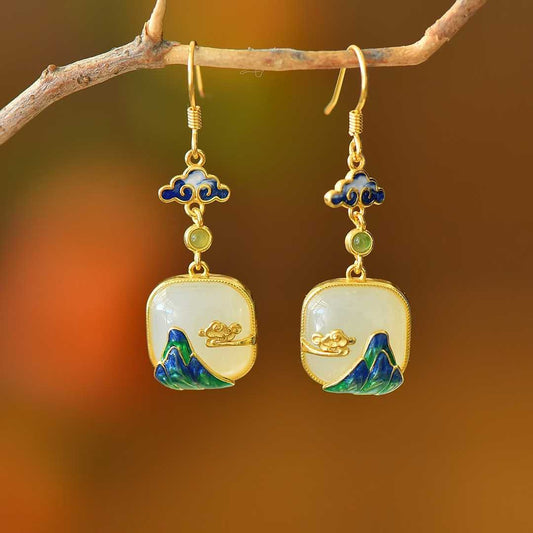 925 Sterling Silver Hetian Jade Thousand Miles of Rivers and Mountains Earrings - Jewelry Weilin