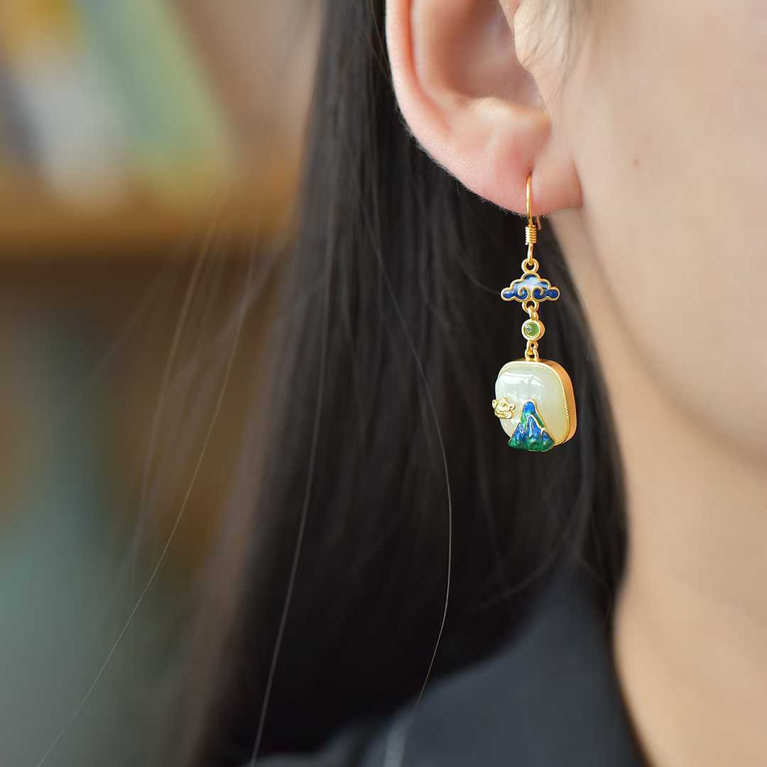 925 Sterling Silver Hetian Jade Thousand Miles of Rivers and Mountains Earrings - Jewelry Weilin