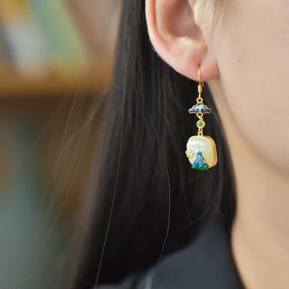 925 Sterling Silver Hetian Jade Thousand Miles of Rivers and Mountains Earrings - Jewelry Weilin