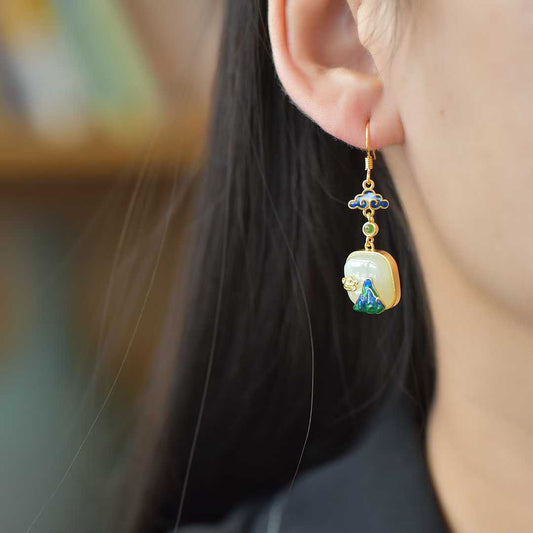 925 Sterling Silver Hetian Jade Thousand Miles of Rivers and Mountains Earrings - Jewelry Weilin
