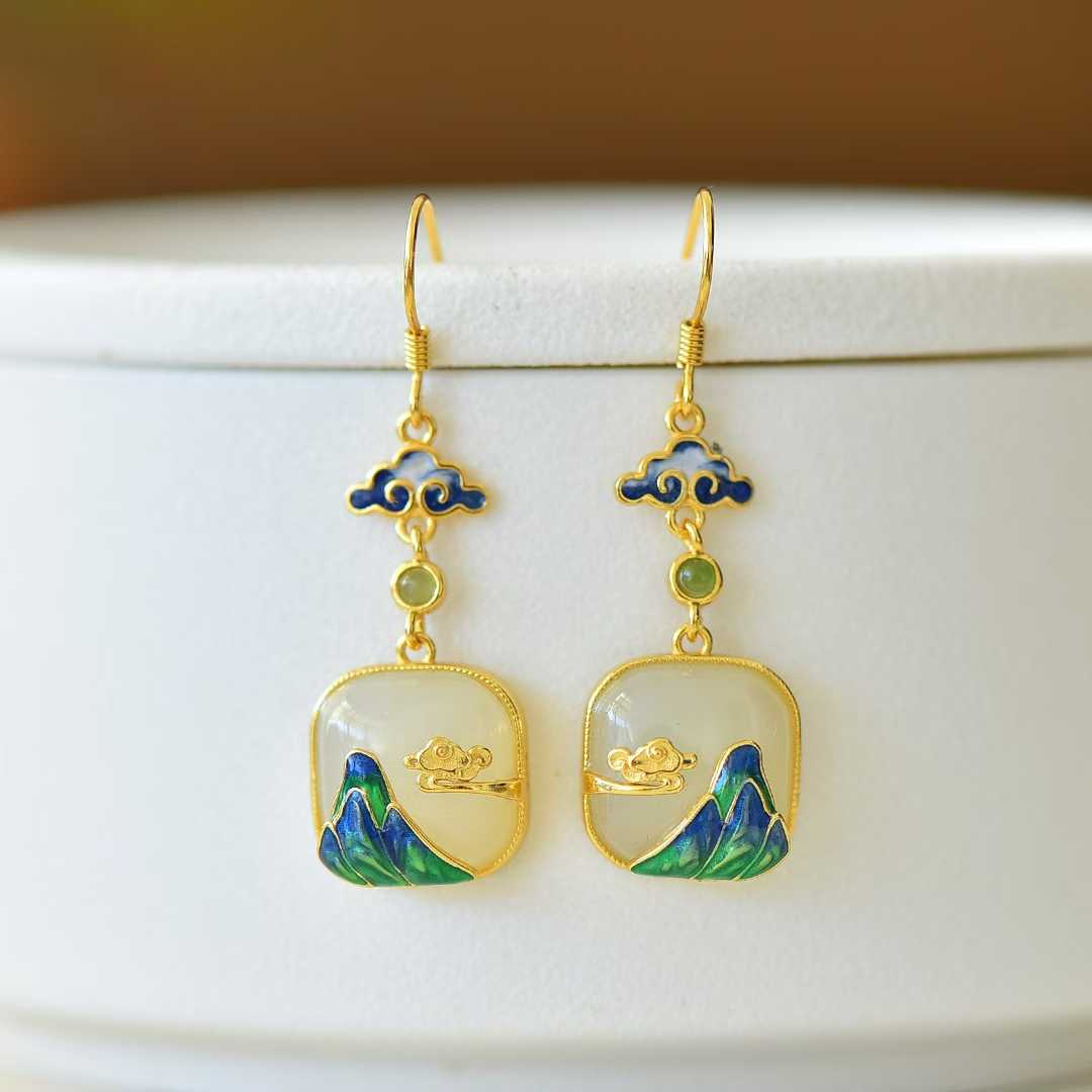 925 Sterling Silver Hetian Jade Thousand Miles of Rivers and Mountains Earrings - Jewelry Weilin