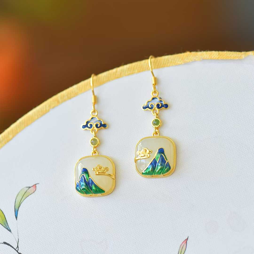 925 Sterling Silver Hetian Jade Thousand Miles of Rivers and Mountains Earrings - Jewelry Weilin