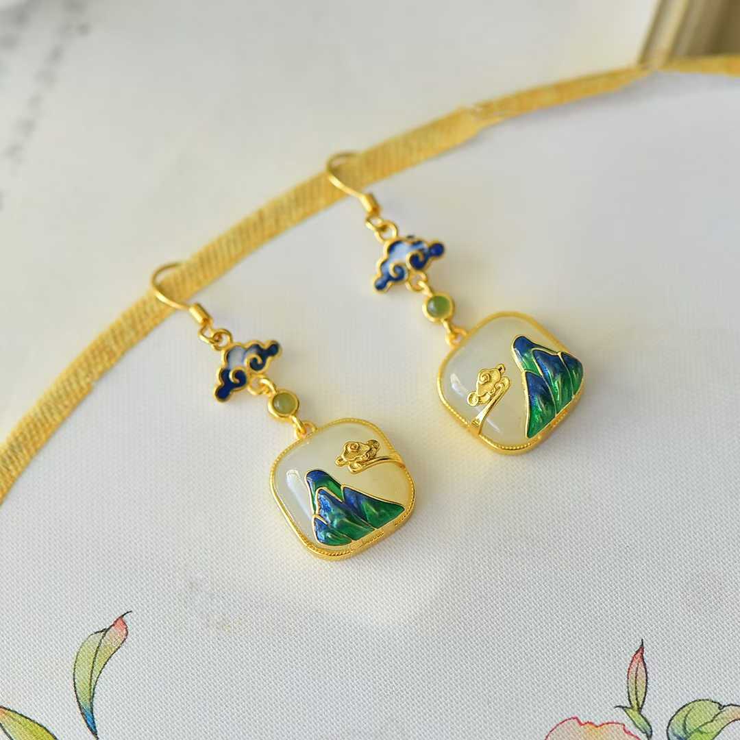 925 Sterling Silver Hetian Jade Thousand Miles of Rivers and Mountains Earrings - Jewelry Weilin
