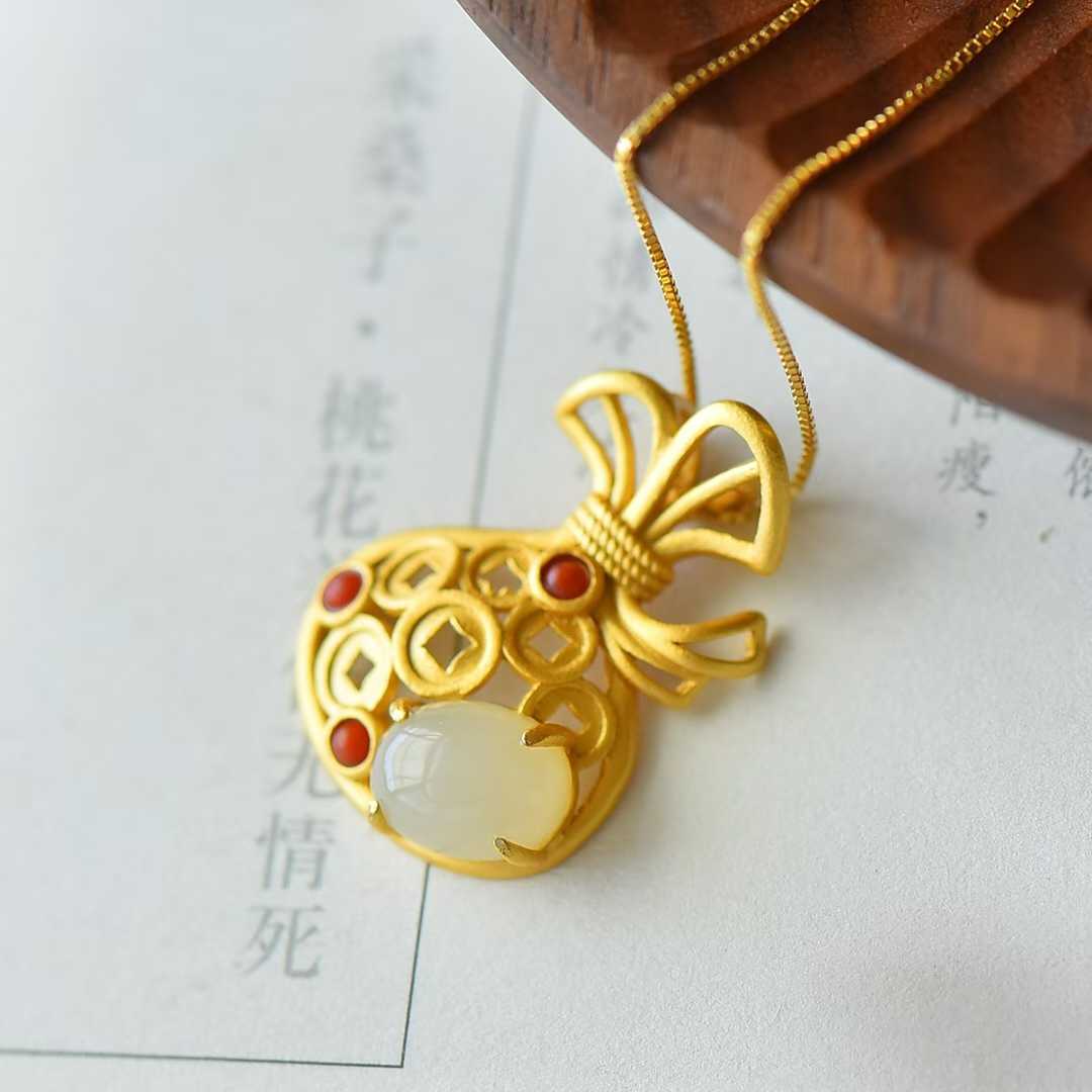 925 Sterling Silver Hetian Jade Traditional Craft Money Pouch Pendant - Jewelry Weilin