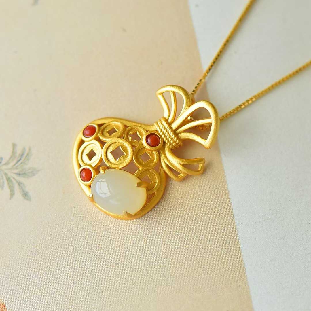 925 Sterling Silver Hetian Jade Traditional Craft Money Pouch Pendant - Jewelry Weilin