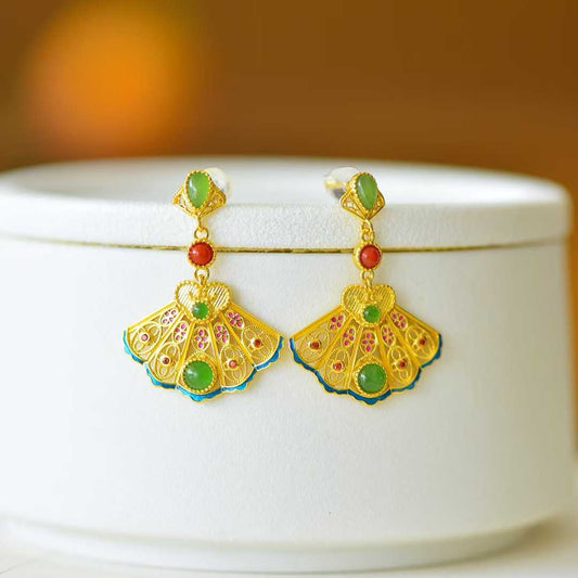 925 Sterling Silver Hetian Jasper Splendid Brocade Round Fan Earrings - Jewelry Weilin