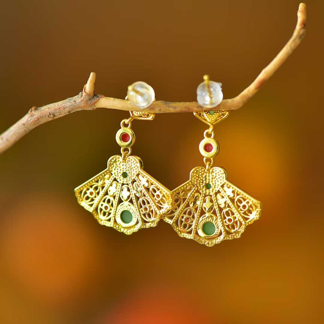925 Sterling Silver Hetian Jasper Splendid Brocade Round Fan Earrings - Jewelry Weilin