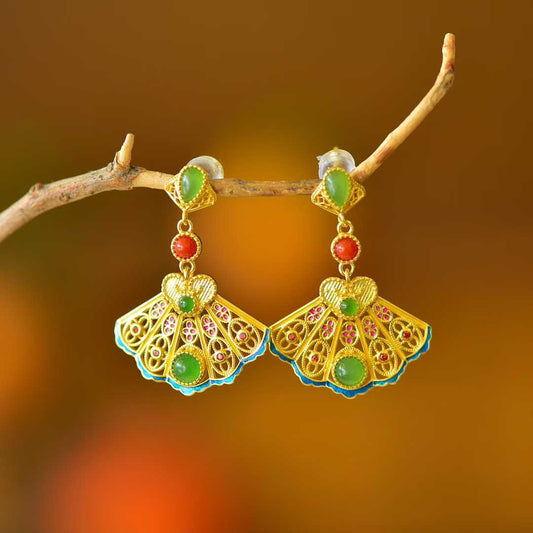 925 Sterling Silver Hetian Jasper Splendid Brocade Round Fan Earrings - Jewelry Weilin