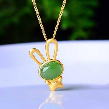 925 Sterling Silver - Inlaid Hetian Green Jade Rabbit 🐰 Pendant with Thick Matte Gold Plating - jewelry - weilin.com