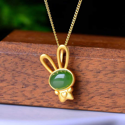 925 Sterling Silver - Inlaid Hetian Green Jade Rabbit 🐰 Pendant with Thick Matte Gold Plating - jewelry - weilin.com