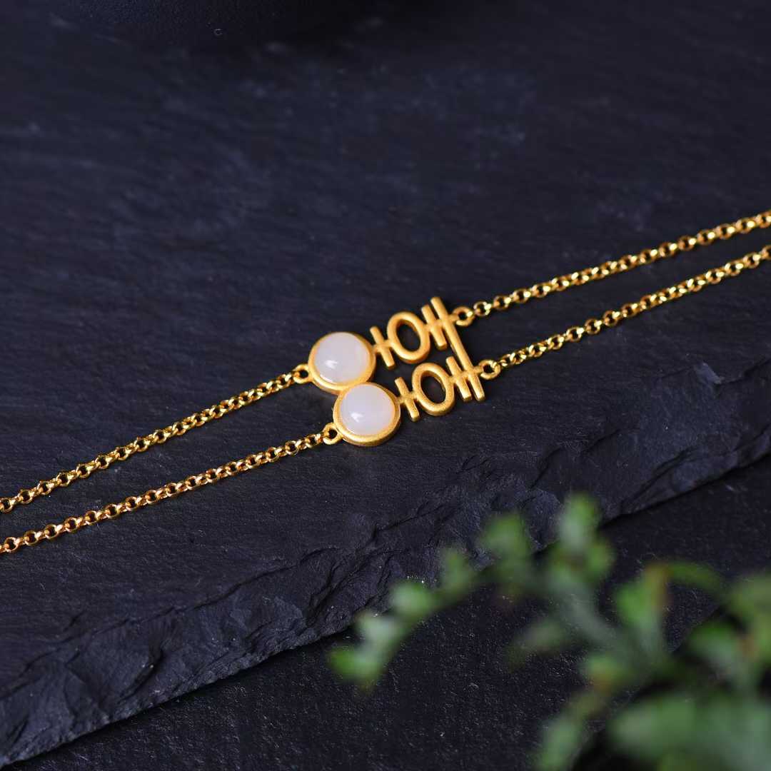 925 Sterling Silver Inlaid Hetian Jade Thick Brushed Gold "Xi" Character Bracelet - jewelry - weilin.com