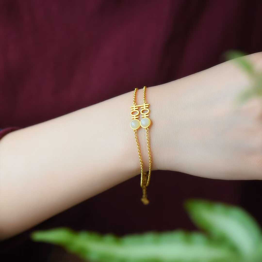 925 Sterling Silver Inlaid Hetian Jade Thick Brushed Gold "Xi" Character Bracelet - jewelry - weilin.com