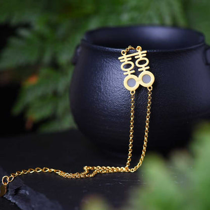 925 Sterling Silver Inlaid Hetian Jade Thick Brushed Gold "Xi" Character Bracelet - jewelry - weilin.com