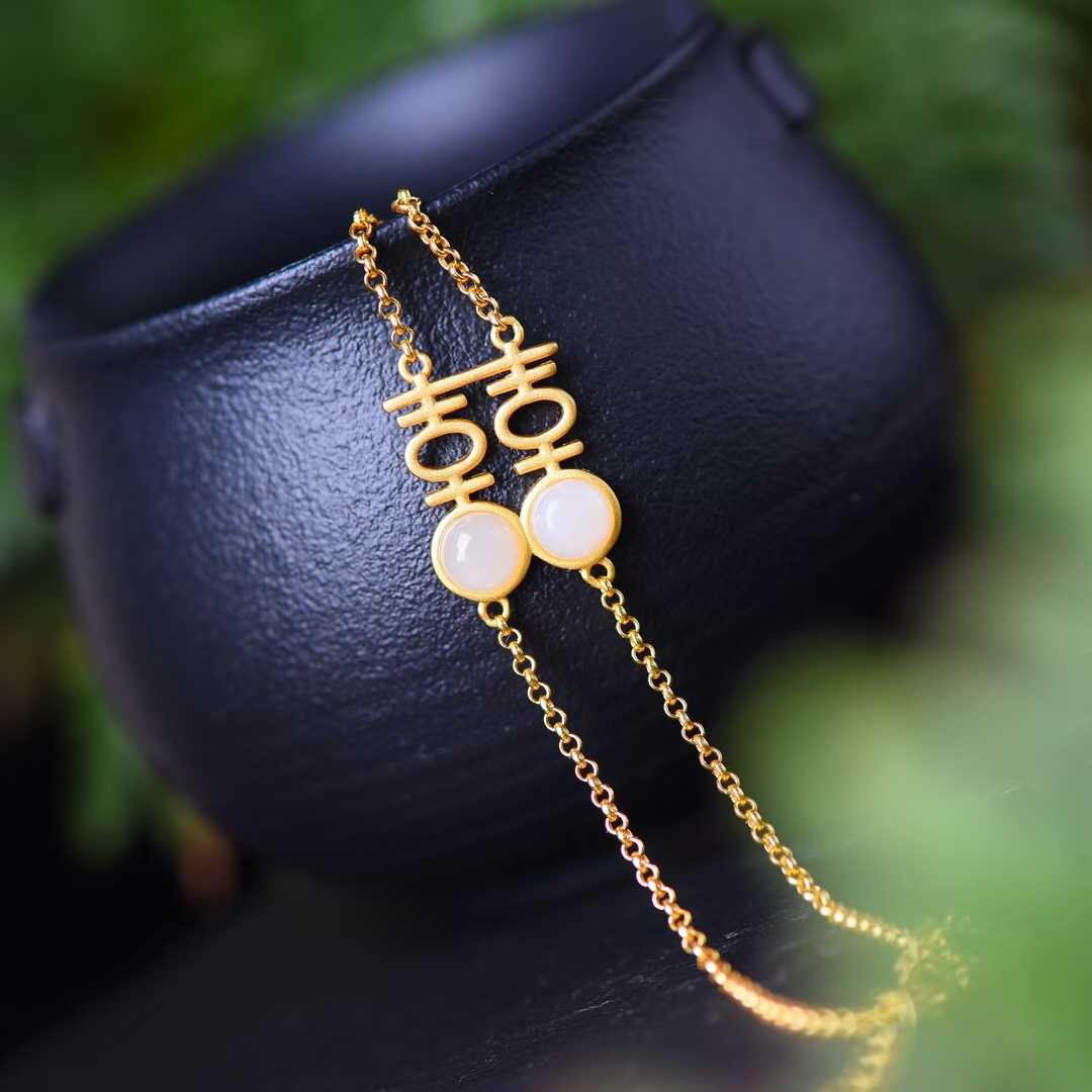 925 Sterling Silver Inlaid Hetian Jade Thick Brushed Gold "Xi" Character Bracelet - jewelry - weilin.com