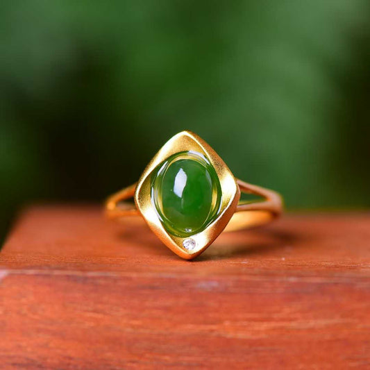 925 Sterling Silver Inlaid Hetian Jade with Thick Brushed Gold Small Ruyi Green Jade Ring - jewelry - weilin.com