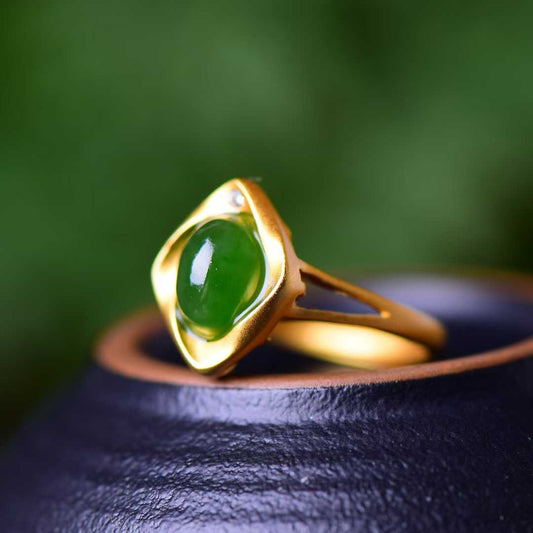 925 Sterling Silver Inlaid Hetian Jade with Thick Brushed Gold Small Ruyi Green Jade Ring - jewelry - weilin.com