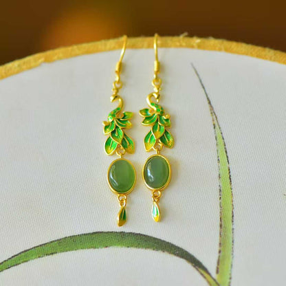 925 Silver Inlaid Hetian Jadeite (Jasper) "Peacock Feather" Earrings