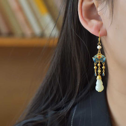 925 Silver Inlaid Hetian Nephrite "Gourd: Fortune & Blessing" Tassel Earrings