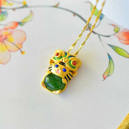 925 Silver-Inlaid Hetian Green Jade Cabochon Pendant with "Auspicious Tiger Exuding Power" Design & Enamel Accents