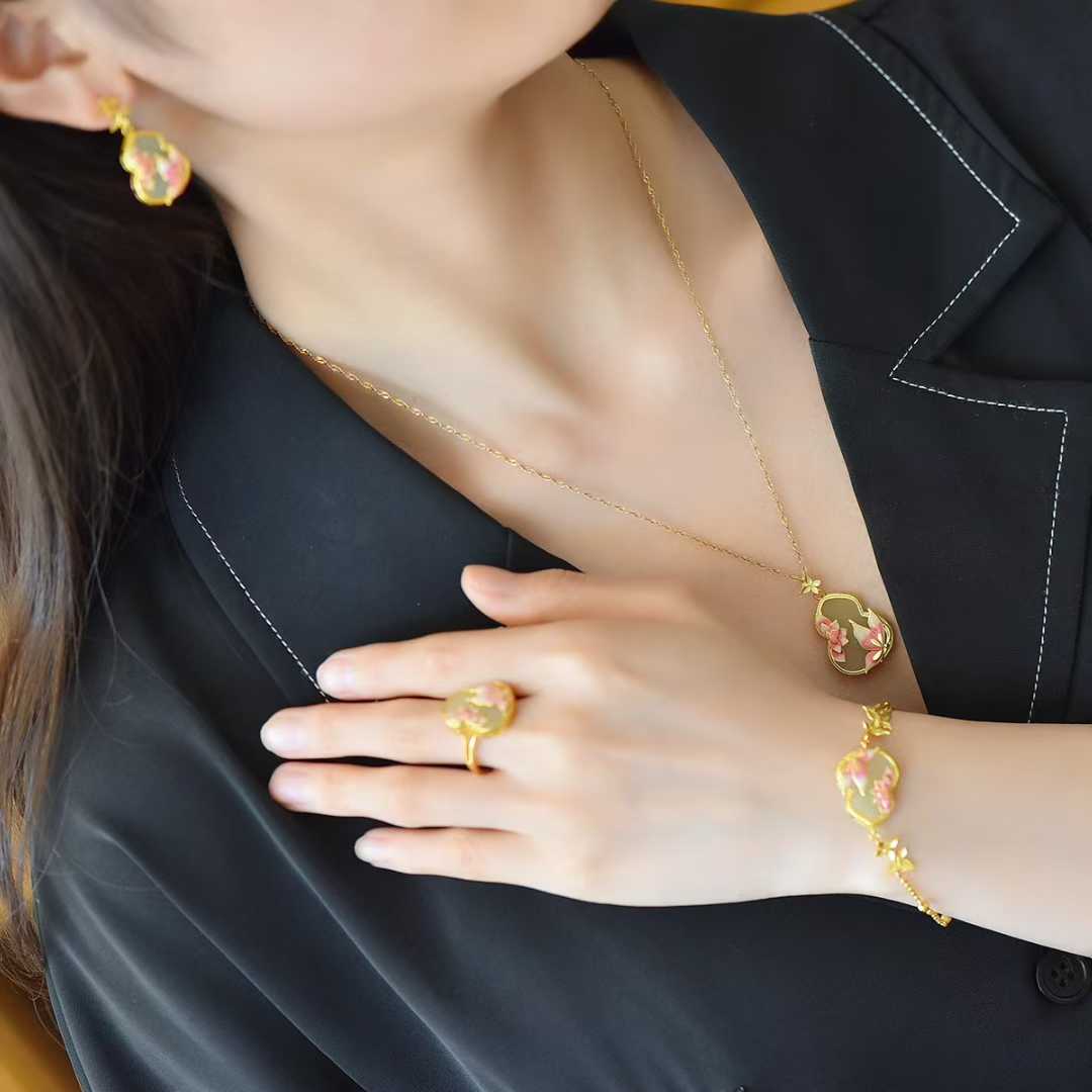  Luxury minimalist Hetian nephrite jewelry set featuring flat gourd and butterfly on flower design