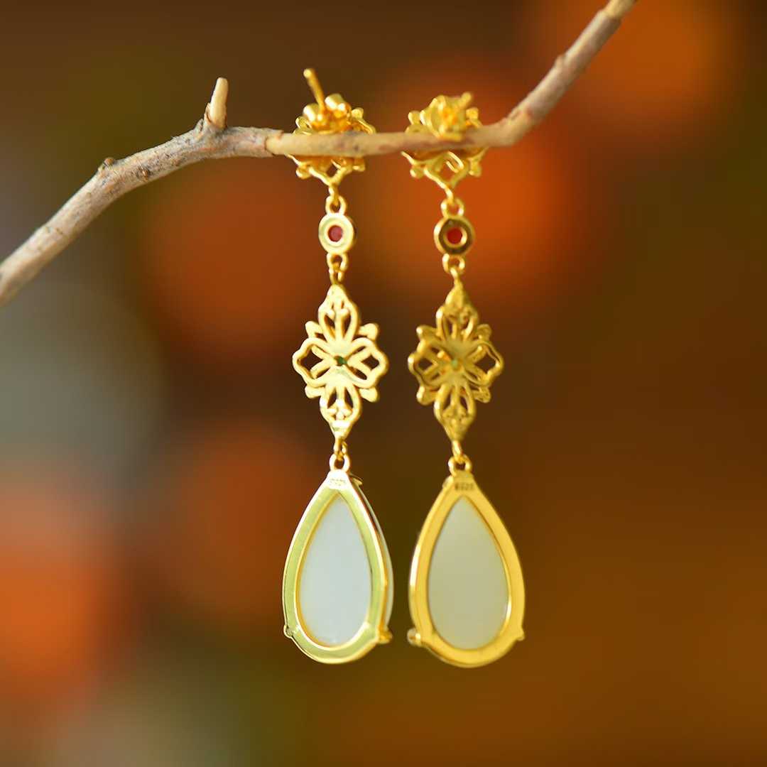925 Silver Inlaid Nephrite "Flowers Bloom in Prosperity" Teardrop Earrings