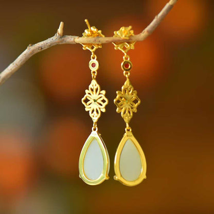 925 Silver Inlaid Nephrite "Flowers Bloom in Prosperity" Teardrop Earrings