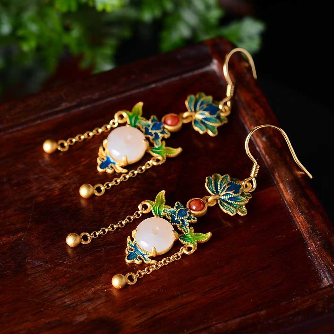 925 Silver Inlaid Nephrite Ping'an Buckle Enamel Earrings