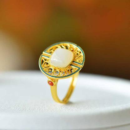 925 Silver Inlaid Hetian Nephrite "Longevity Vine" Ring
