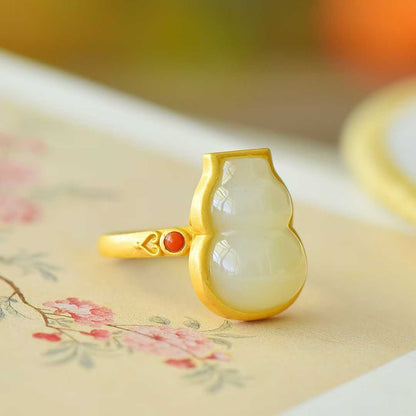 925 Silver Inlaid Hetian White Nephrite Gourd Ring