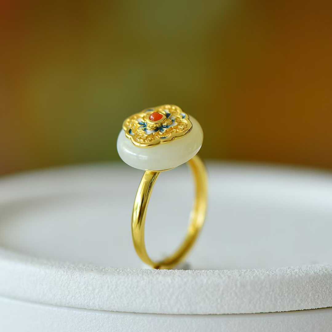 925 silver inlaid Hetian jade jewelry set featuring traditional Chinese peace buckle symbol"