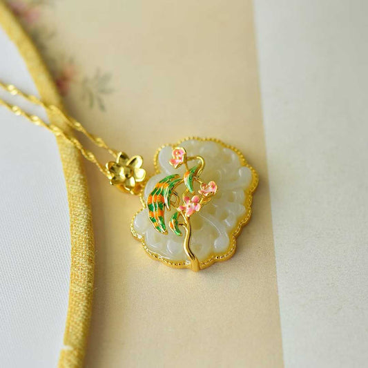 925 Silver Inlaid Hetian Nephrite "Joy on the Eyebrows" Enamel Pendant