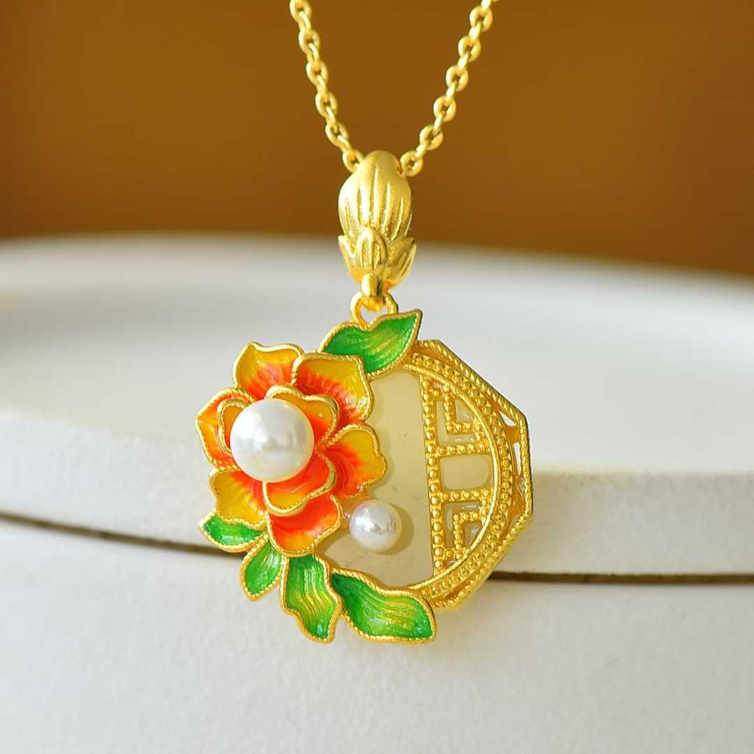 925 Silver Inlaid Hetian Nephrite "Blooming Prosperity" with Pearl Pendant