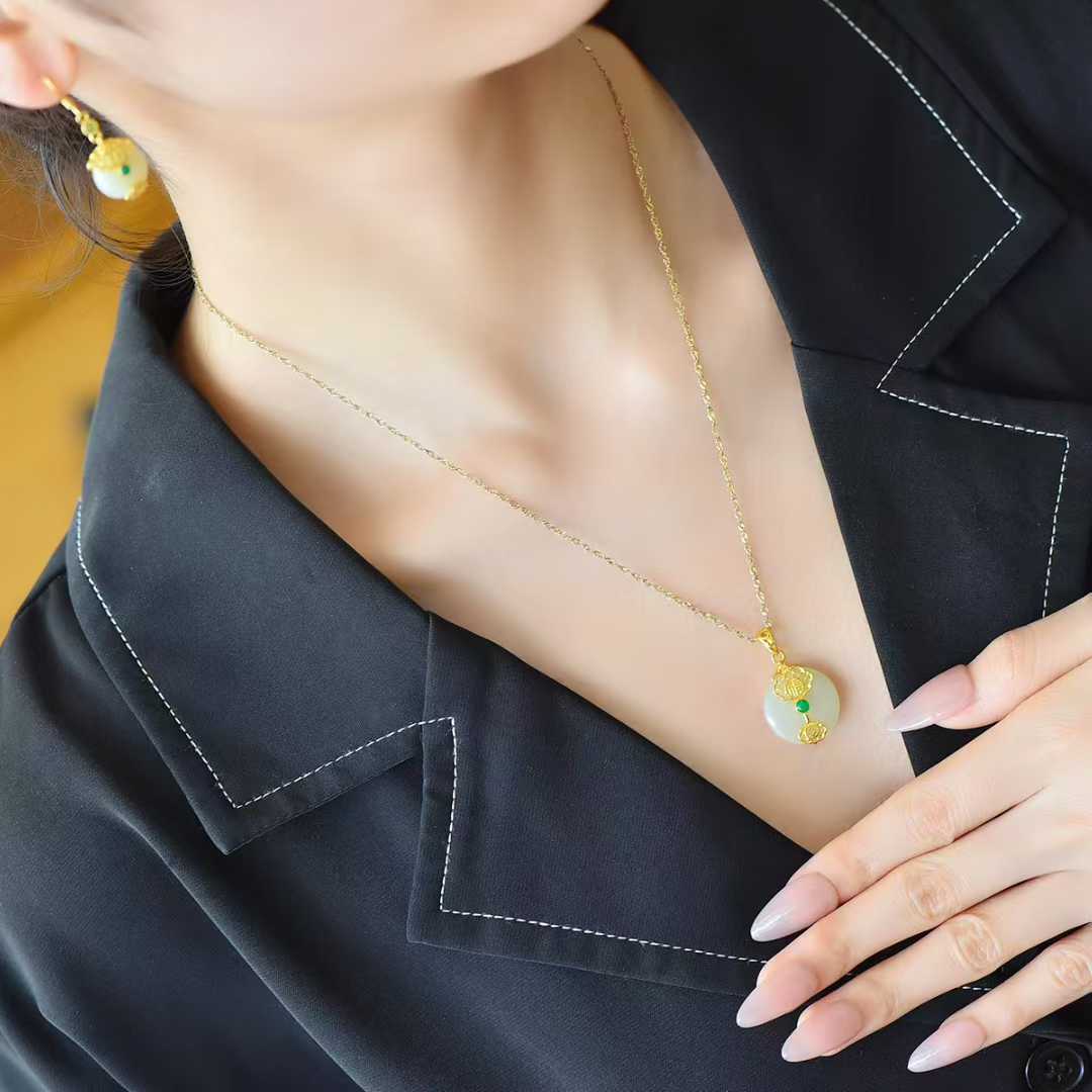 Sterling silver Hetian jade jewelry set representing harmony and smooth journey"