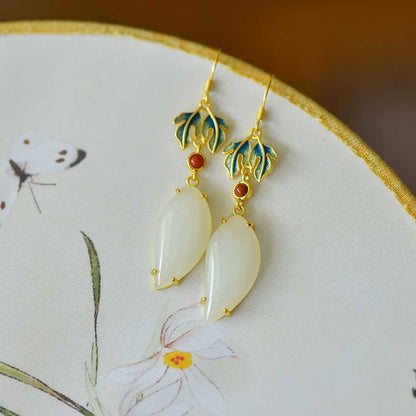 925 Silver Inlaid White Hetian Nephrite "Great Achievement" Willow Leaf Dangle Earrings