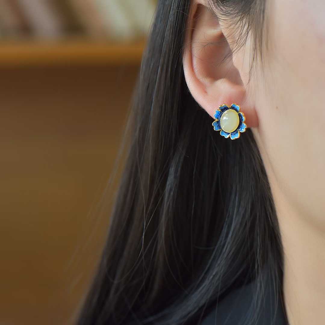 925 Silver Inlaid Nephrite "Whisper of Blue Flowers" Stud Earrings