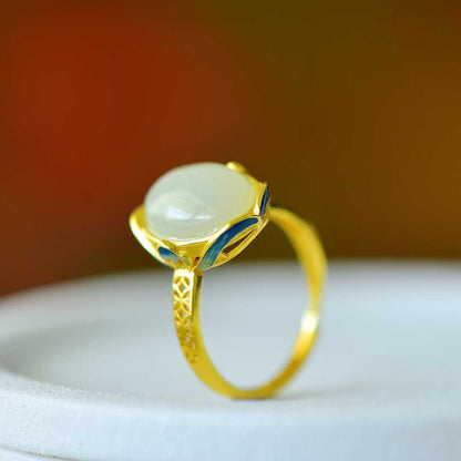 S925 Silver Inlaid Nephrite "Zhao Cai Jin Bao An Kang" Ring