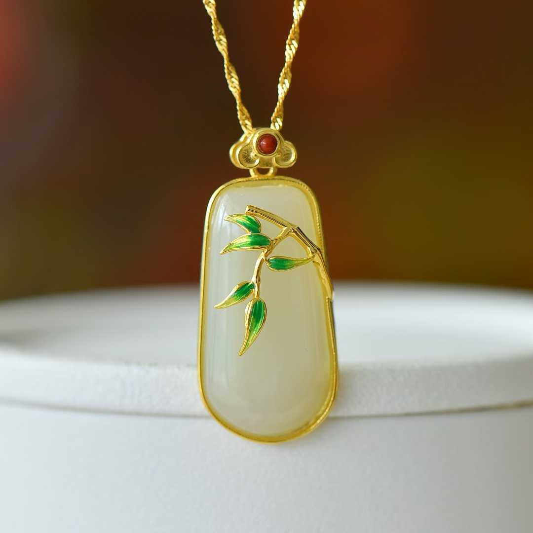 925 Silver-Inlaid Hetian Jade Pendant (Trapezoidal Peace Plaque, "Bamboo Conveys Peace" Design)