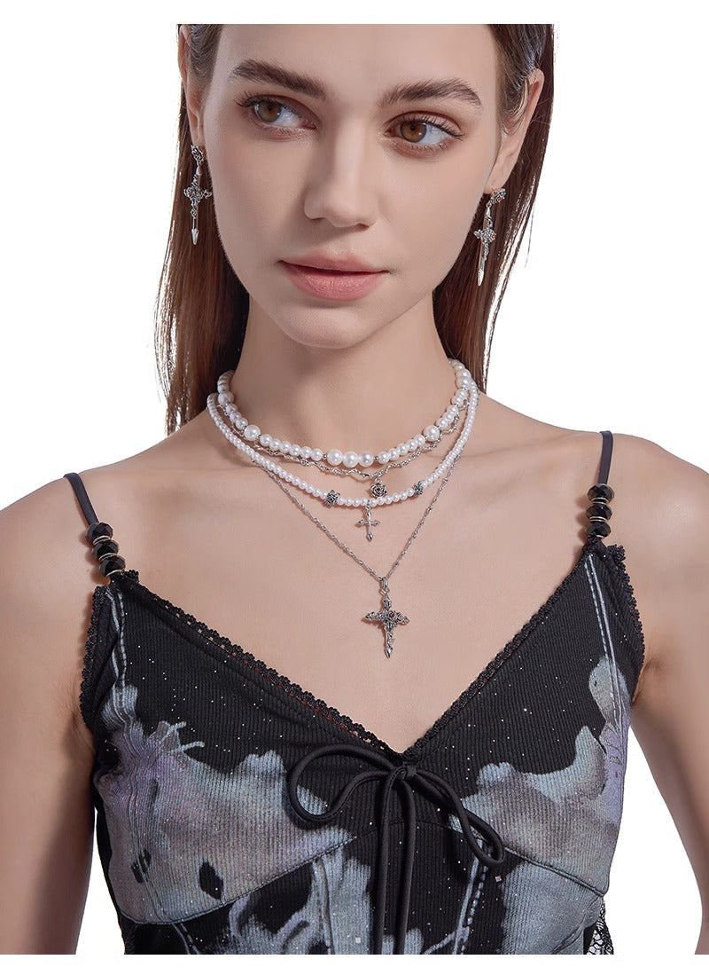 Baroque pearl cross necklace with layered chains