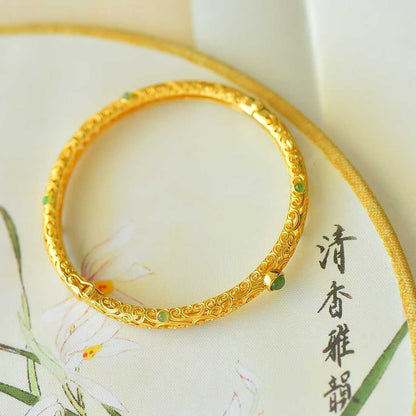 925 Silver Inlaid Hetian Jadeite (Jasper) "Cabochon & All Wishes Come True" Hollowed-Out Bracelet