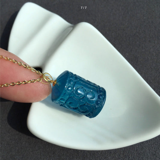 Natural Aquamarine Carved Greek Key Fortune Bead Pendant