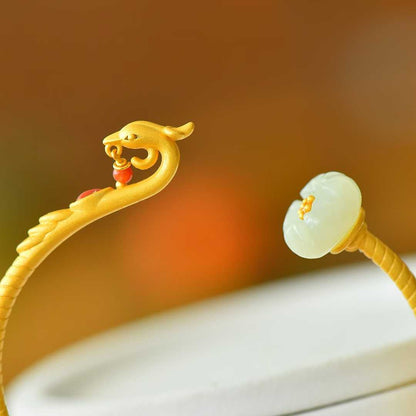 925 Silver Inlaid Hetian Nephrite "Lotus & Phoenix Arrival" Bracelet