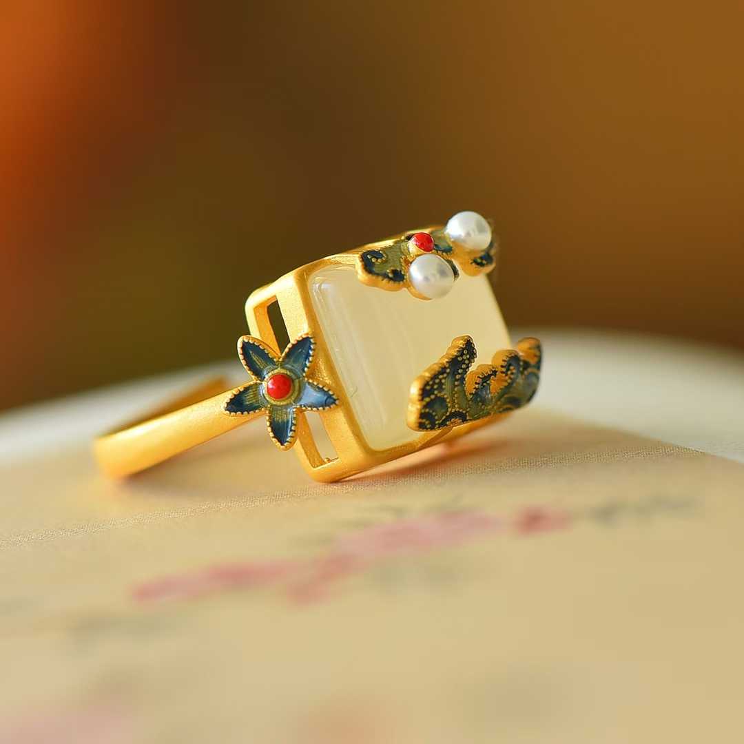 925 Silver Inlaid White Hetian Nephrite "Square Auspicious Clouds & Radiance" Enamel Ring