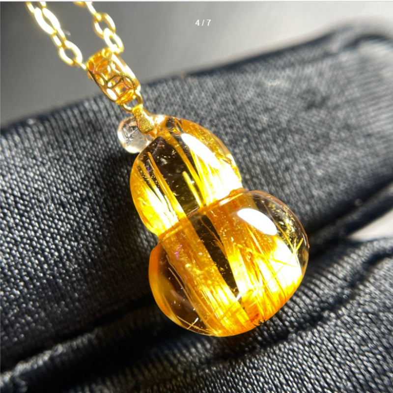 Natural Brazilian Titanium Rutilated Quartz Silk-Effect Mini Gourd Pendant