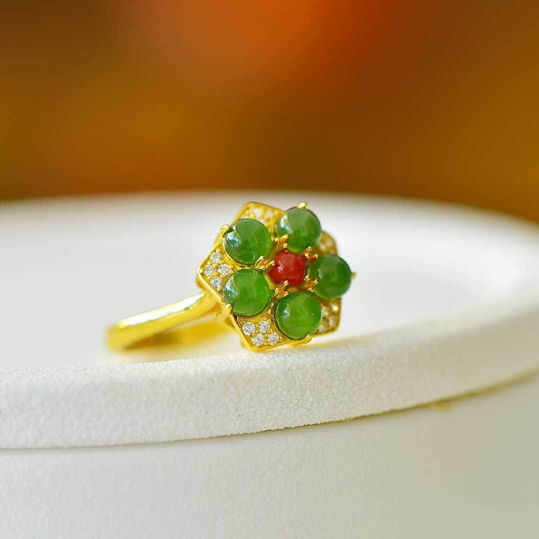 925 Silver Inlaid Hetian Green Nephrite Five-Petal Flower Ring