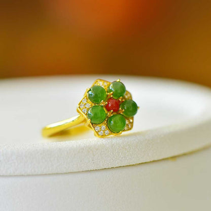 925 Silver Inlaid Hetian Green Nephrite Five-Petal Flower Ring