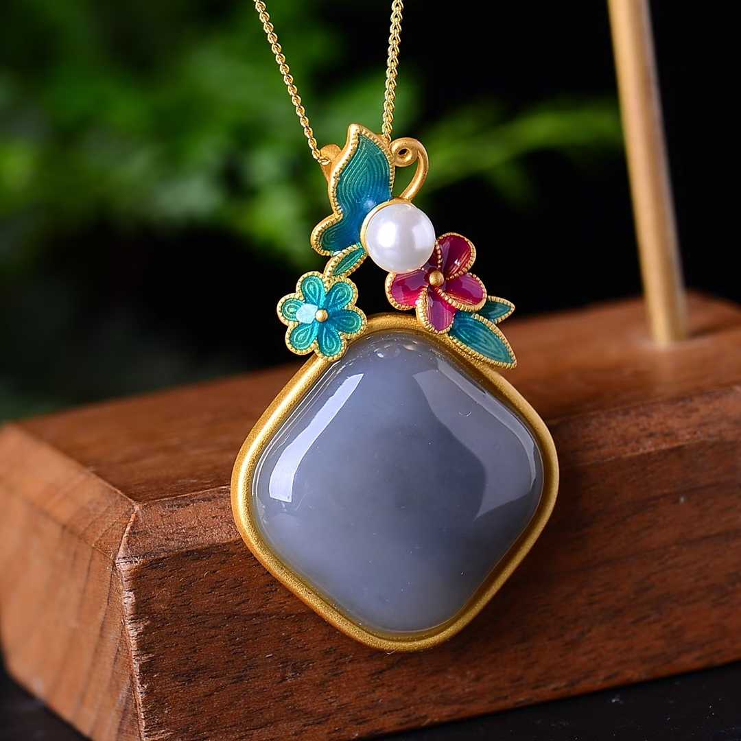 925 Silver Inlaid Hetian Nephrite "Smoky Gray & Matte Gold Enamel" Pendant