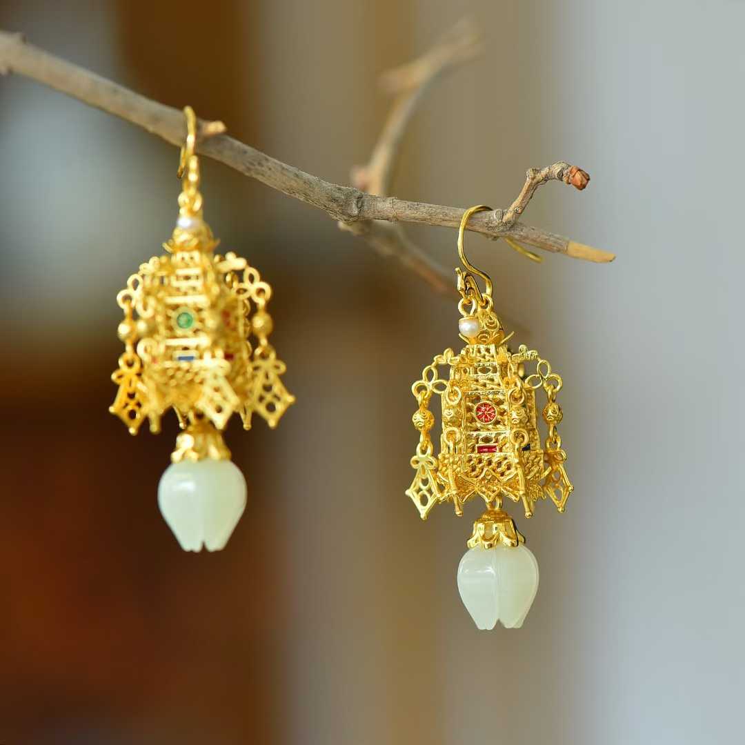 925 Silver Inlaid Nephrite "Qionglou Yuyu" Palace Lantern Earrings