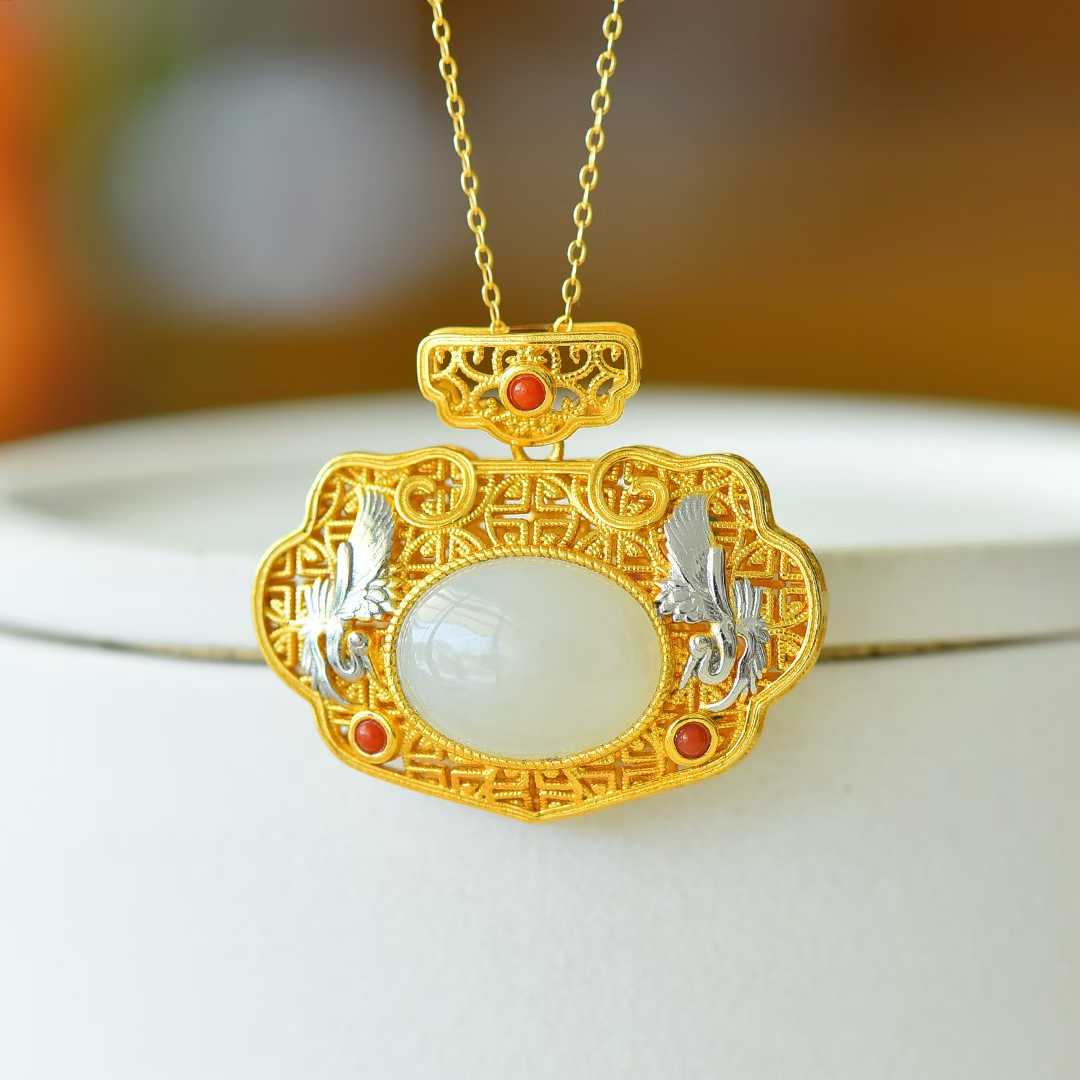 925 Silver Inlaid Nephrite "Deer & Crane for Auspiciousness" Two-Tone Pendant