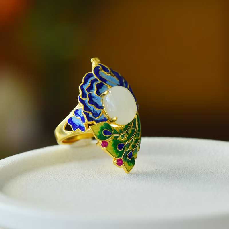 925 Silver Inlaid Hetian Nephrite Phoenix Ring