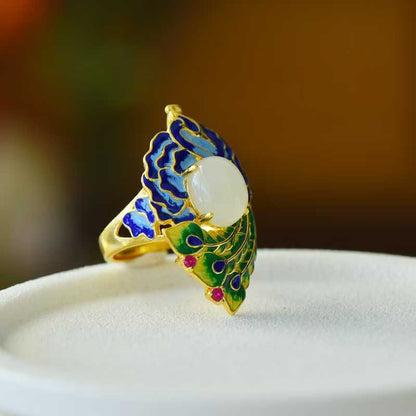925 Silver Inlaid Hetian Nephrite Phoenix Ring